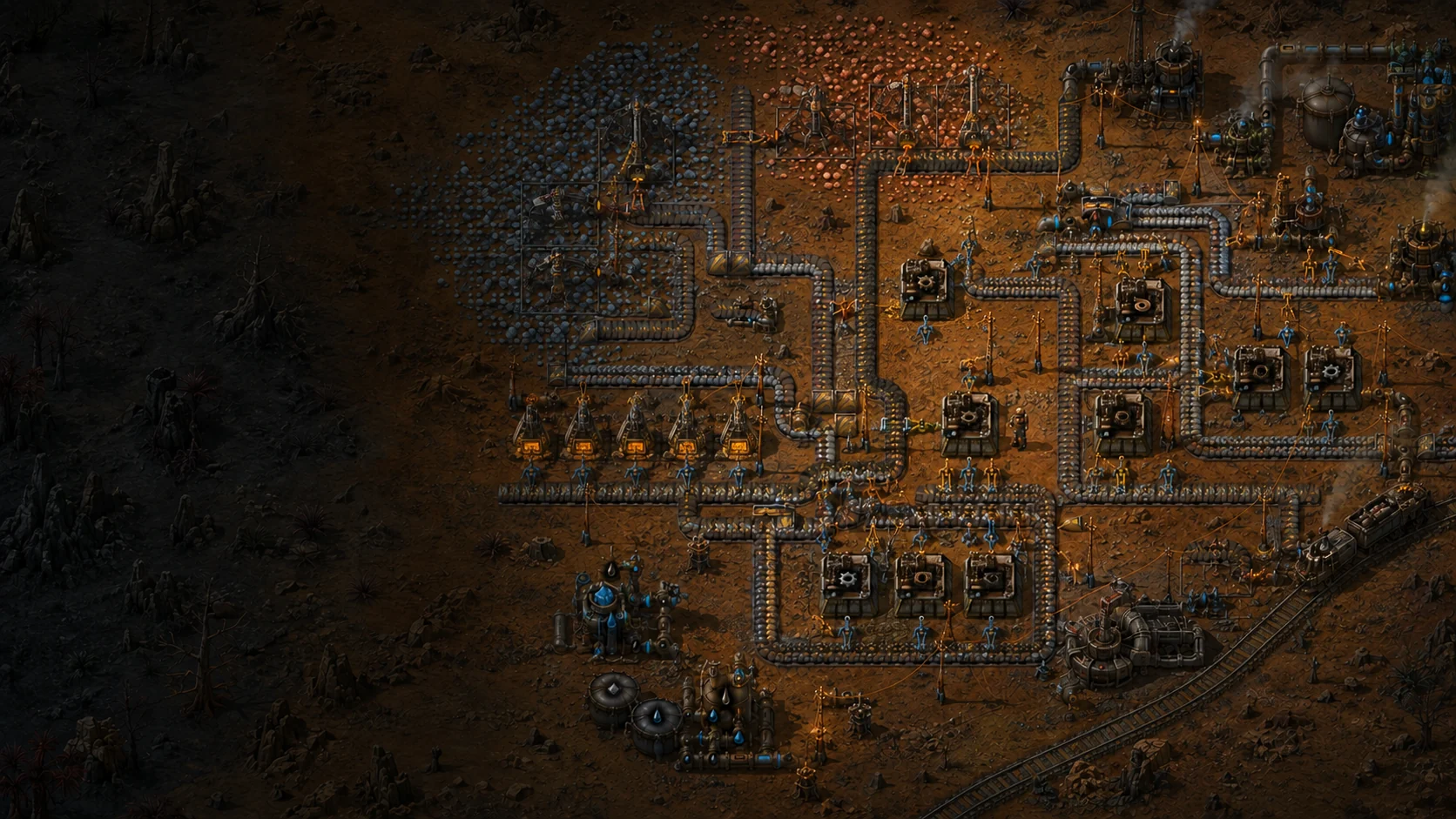 传送带、组装机和工程师组成的 Factorio 工厂概念场景