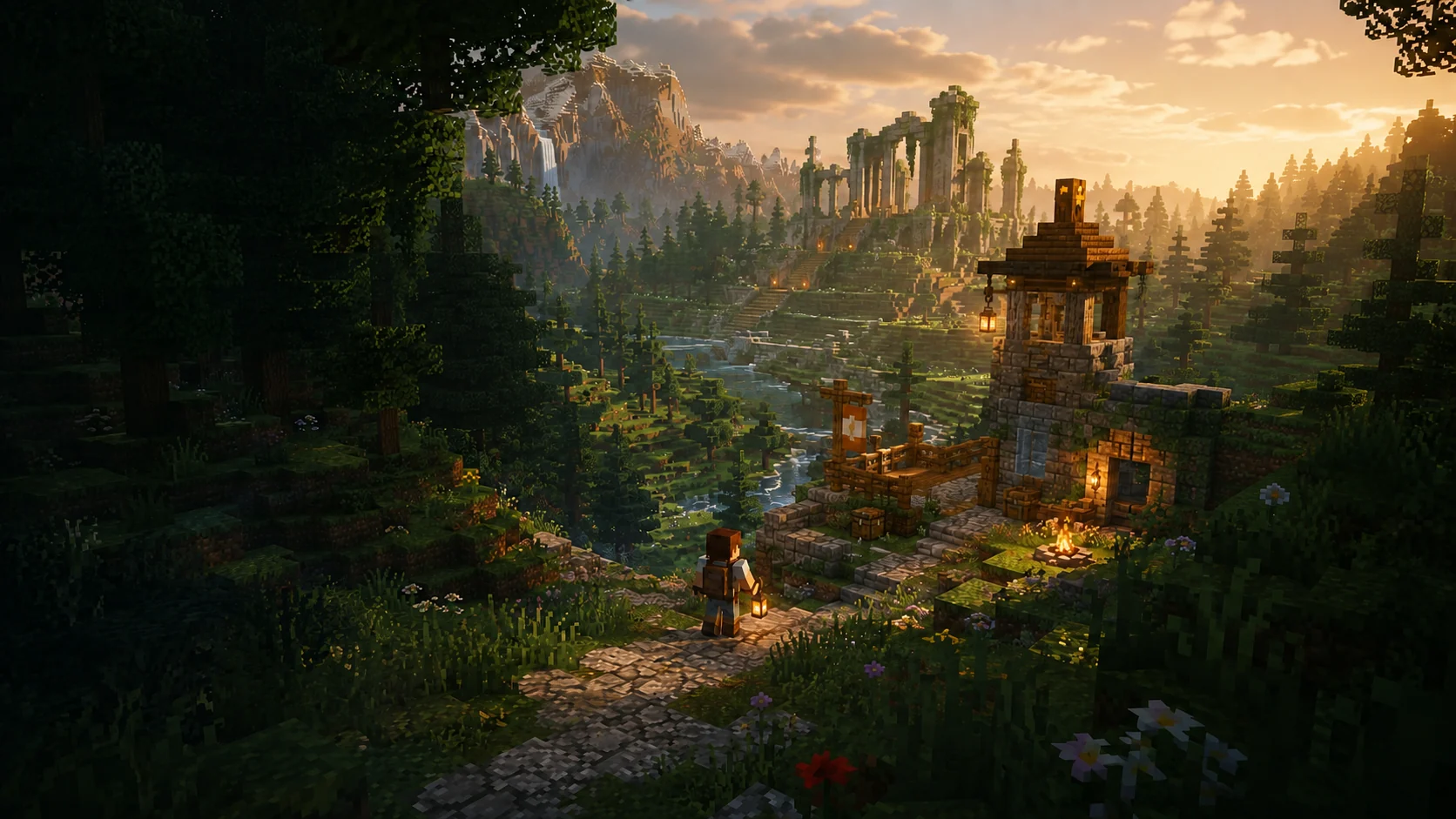 森林、遗迹与冒险者组成的 Minecraft 方块世界概念场景