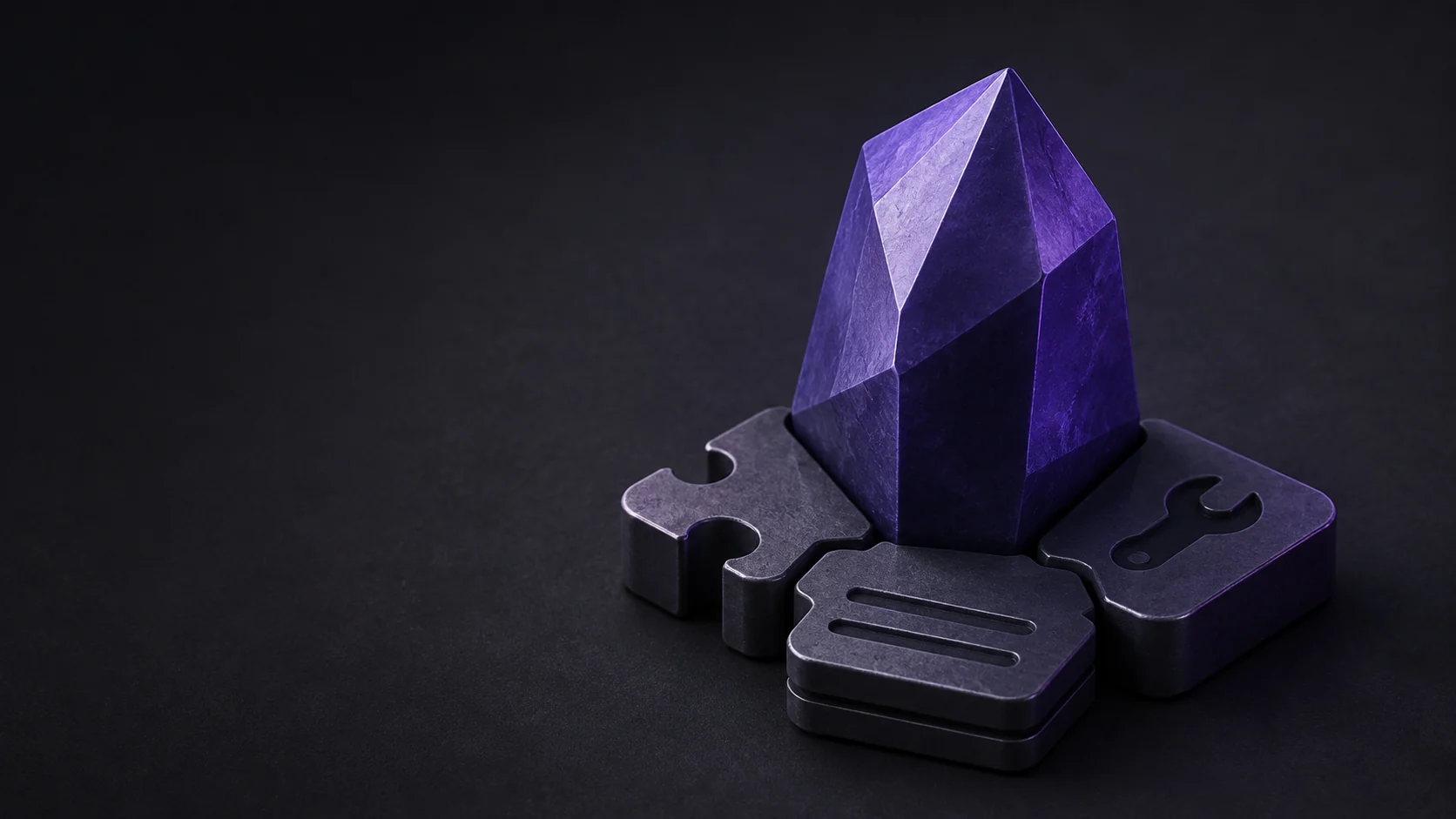紫色晶体与插件模块组成的 Obsidian 生态概念图